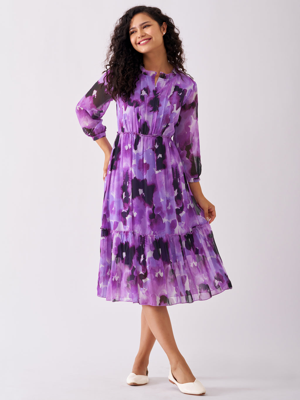 Puff Sleeves Gathered or Pleated Tiered Fit  Flare Dress
