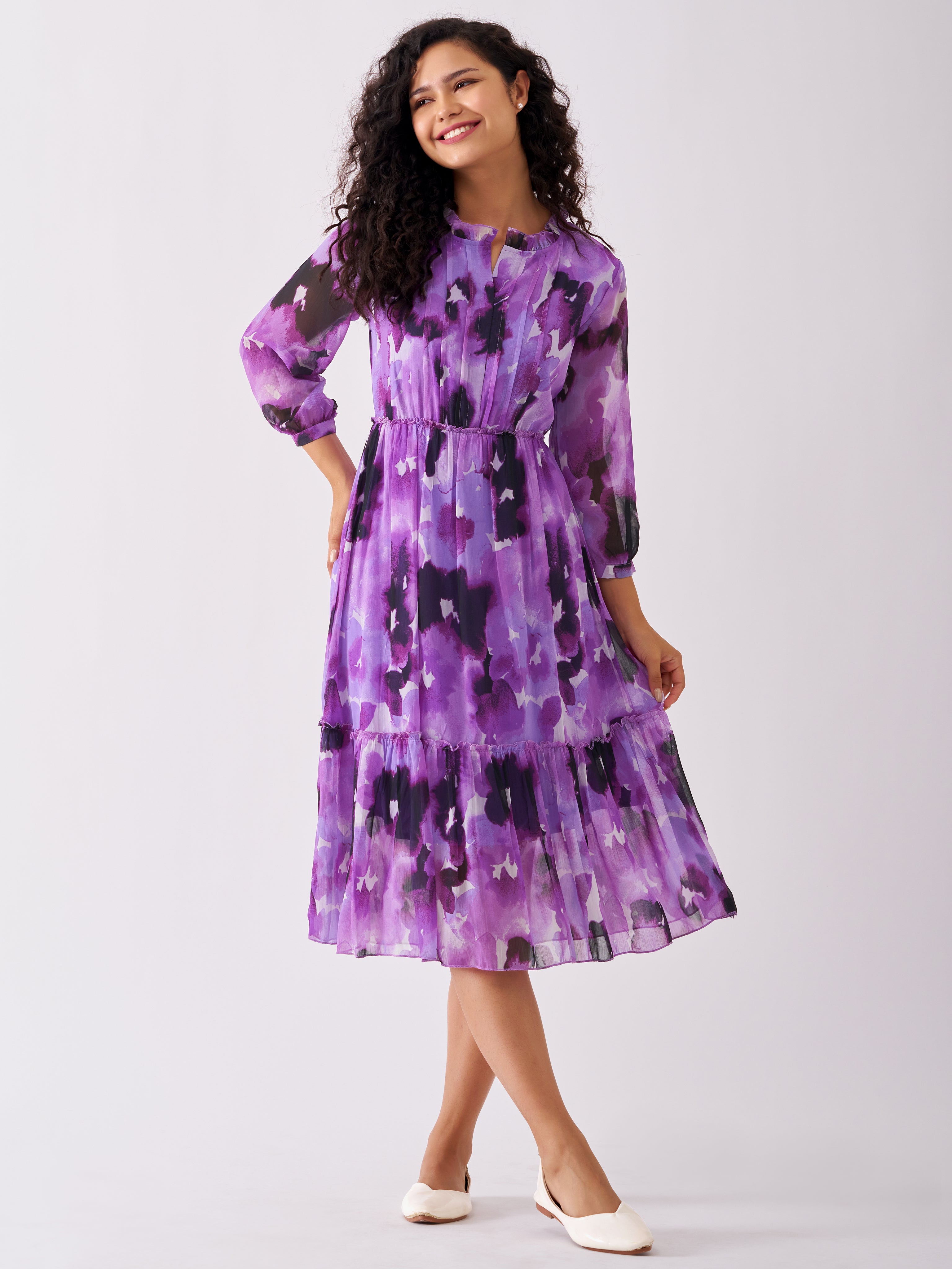 Puff Sleeves Gathered or Pleated Tiered Fit  Flare Dress