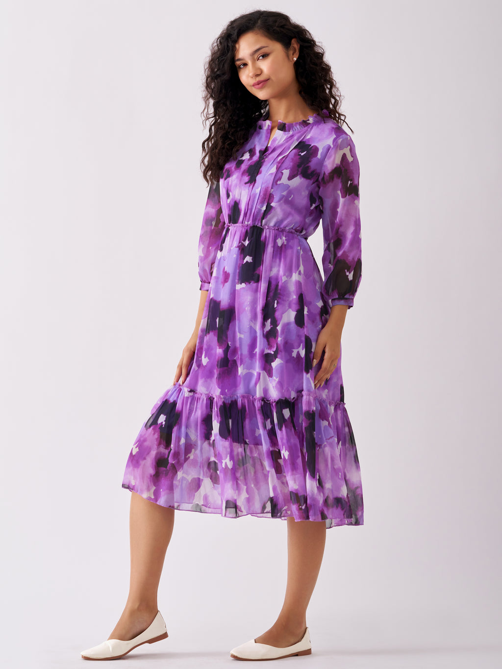 Puff Sleeves Gathered or Pleated Tiered Fit  Flare Dress