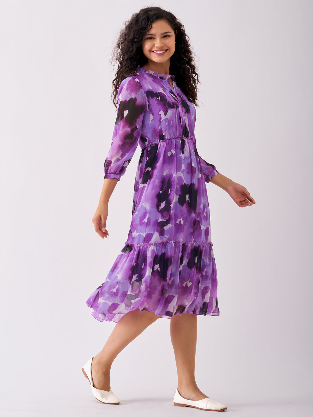 Puff Sleeves Gathered or Pleated Tiered Fit  Flare Dress