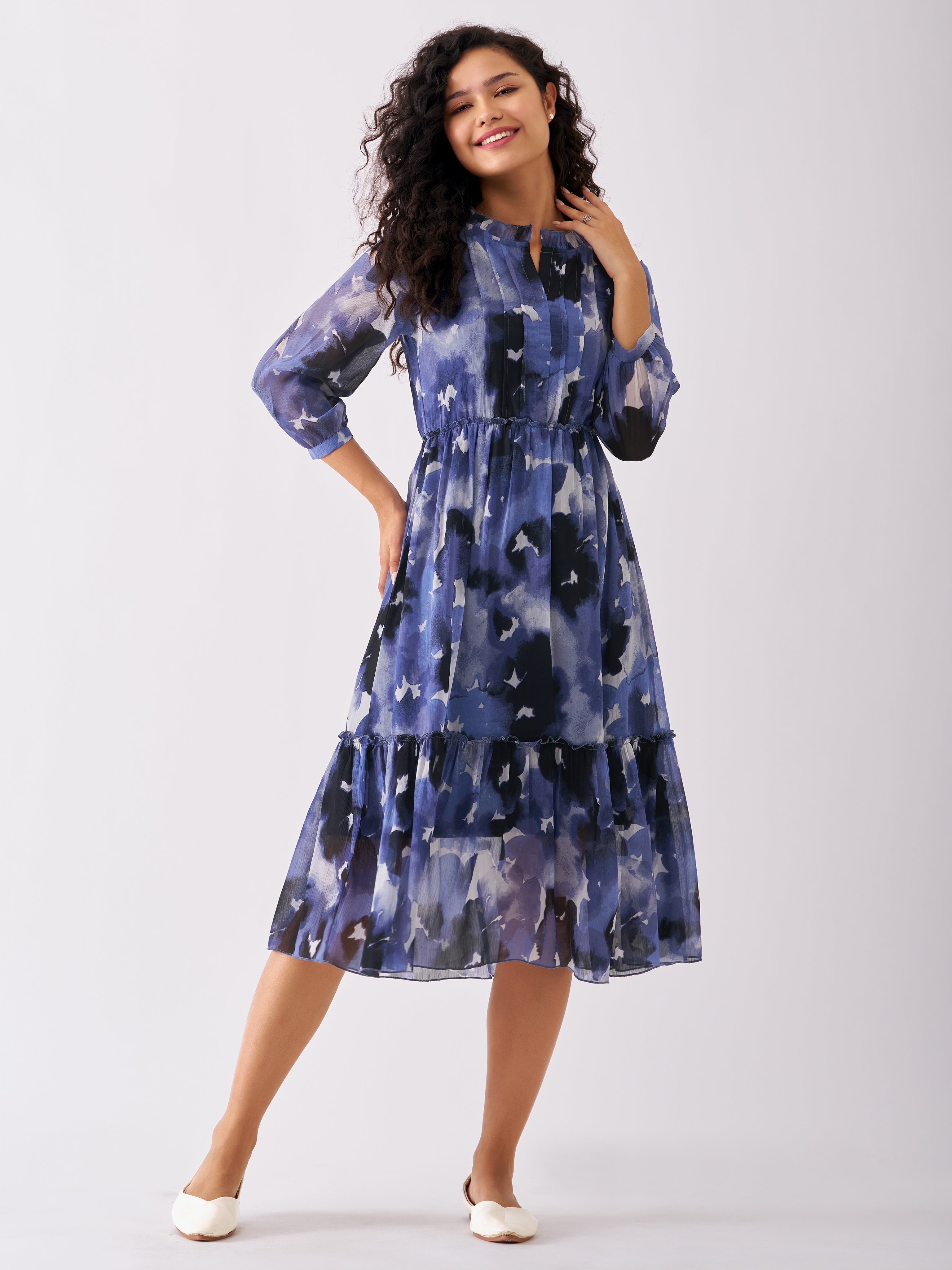 Puff Sleeves Gathered or Pleated Tiered Fit  Flare Dress