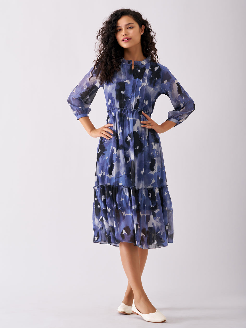 Puff Sleeves Gathered or Pleated Tiered Fit  Flare Dress