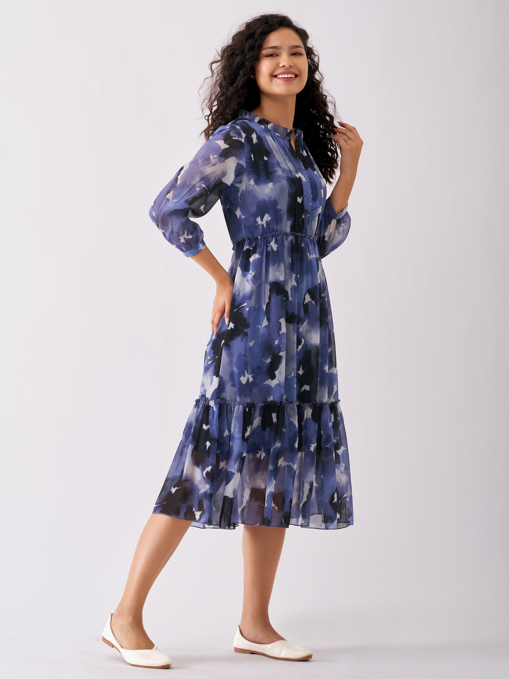 Puff Sleeves Gathered or Pleated Tiered Fit  Flare Dress