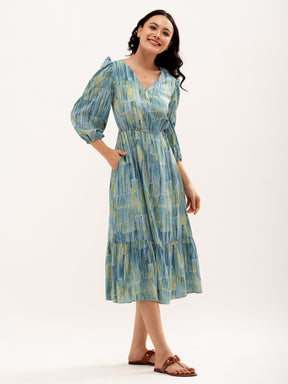Abstract Printed Puff Sleeve  Gathered Detailed Fit  Flare Dress