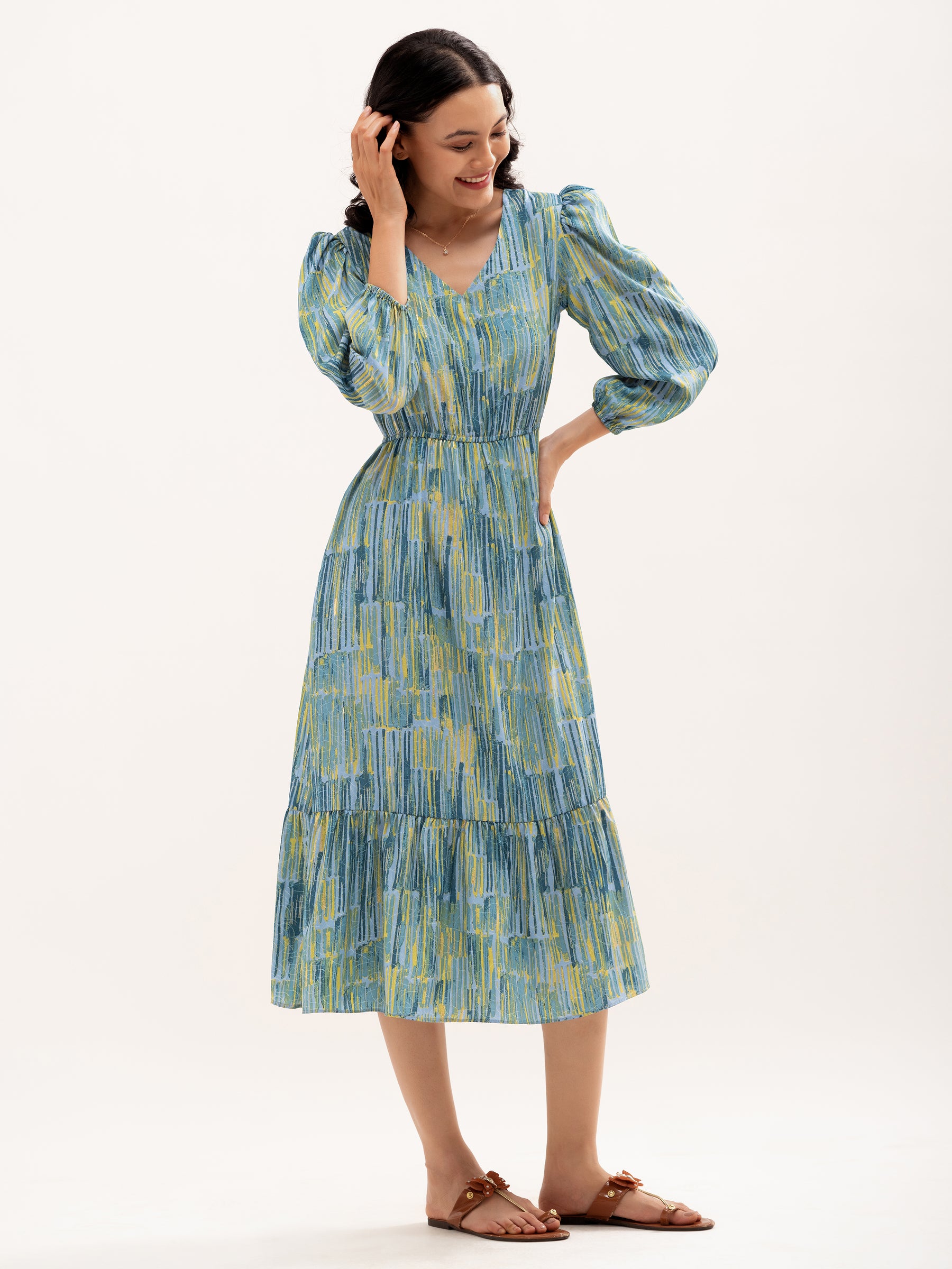 Abstract Printed Puff Sleeve  Gathered Detailed Fit  Flare Dress