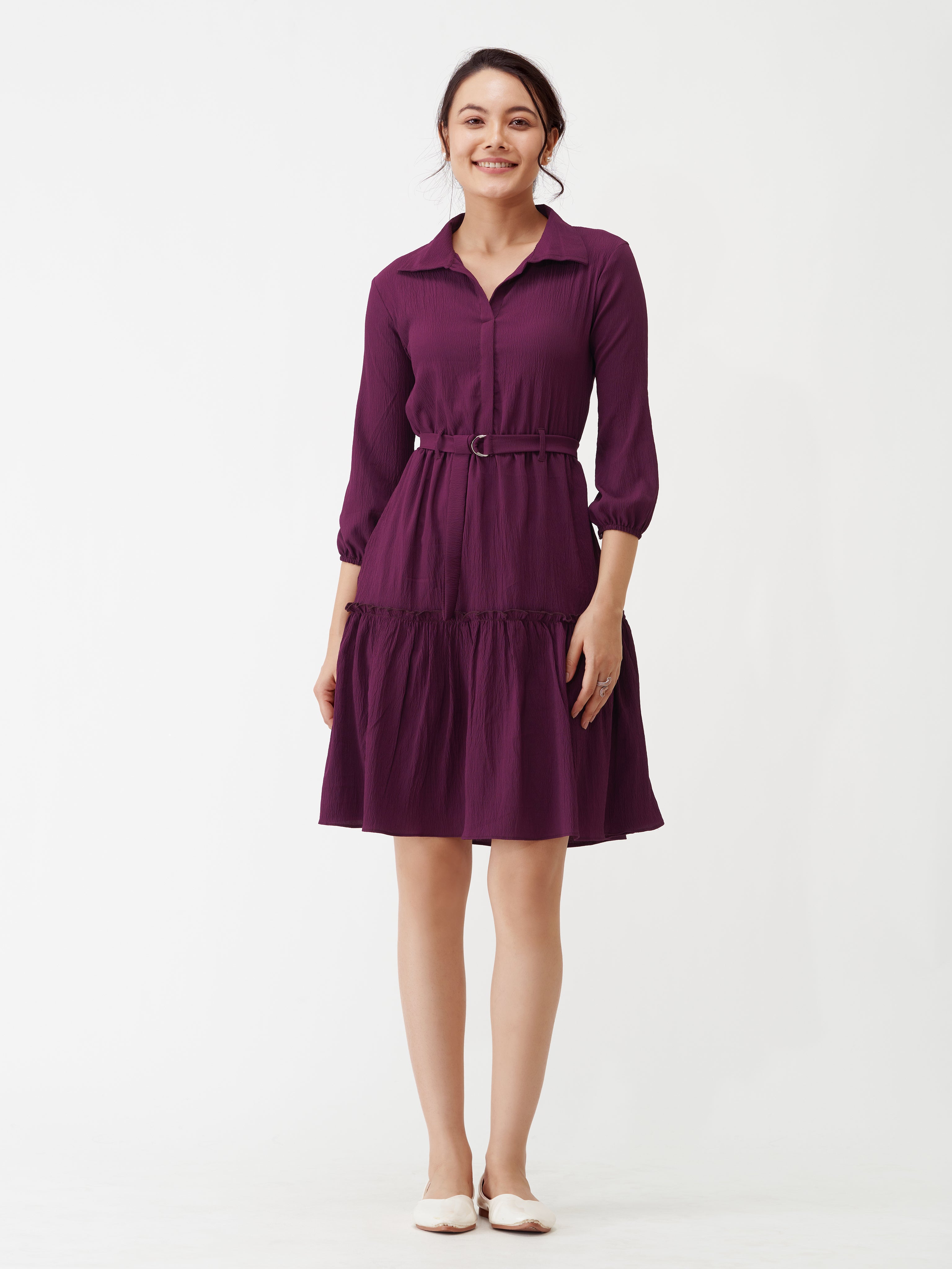 Puff Sleeves Crepe Fit  Flare Dress