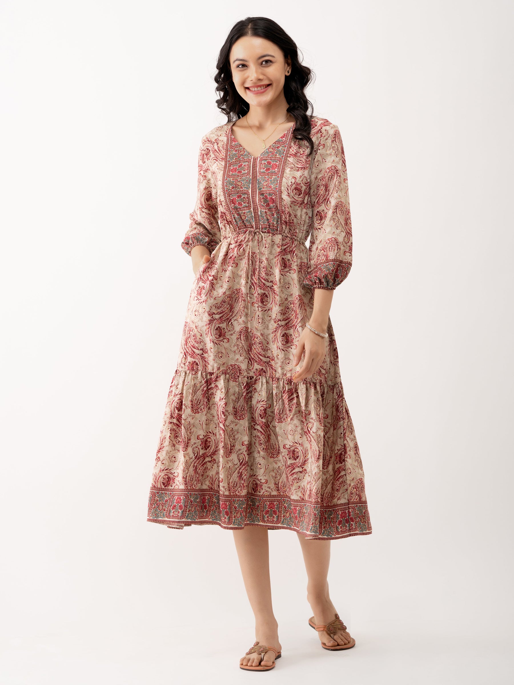 Ethnic Motifs Printed Tiered Gather Detailed Fit Flare Dress
