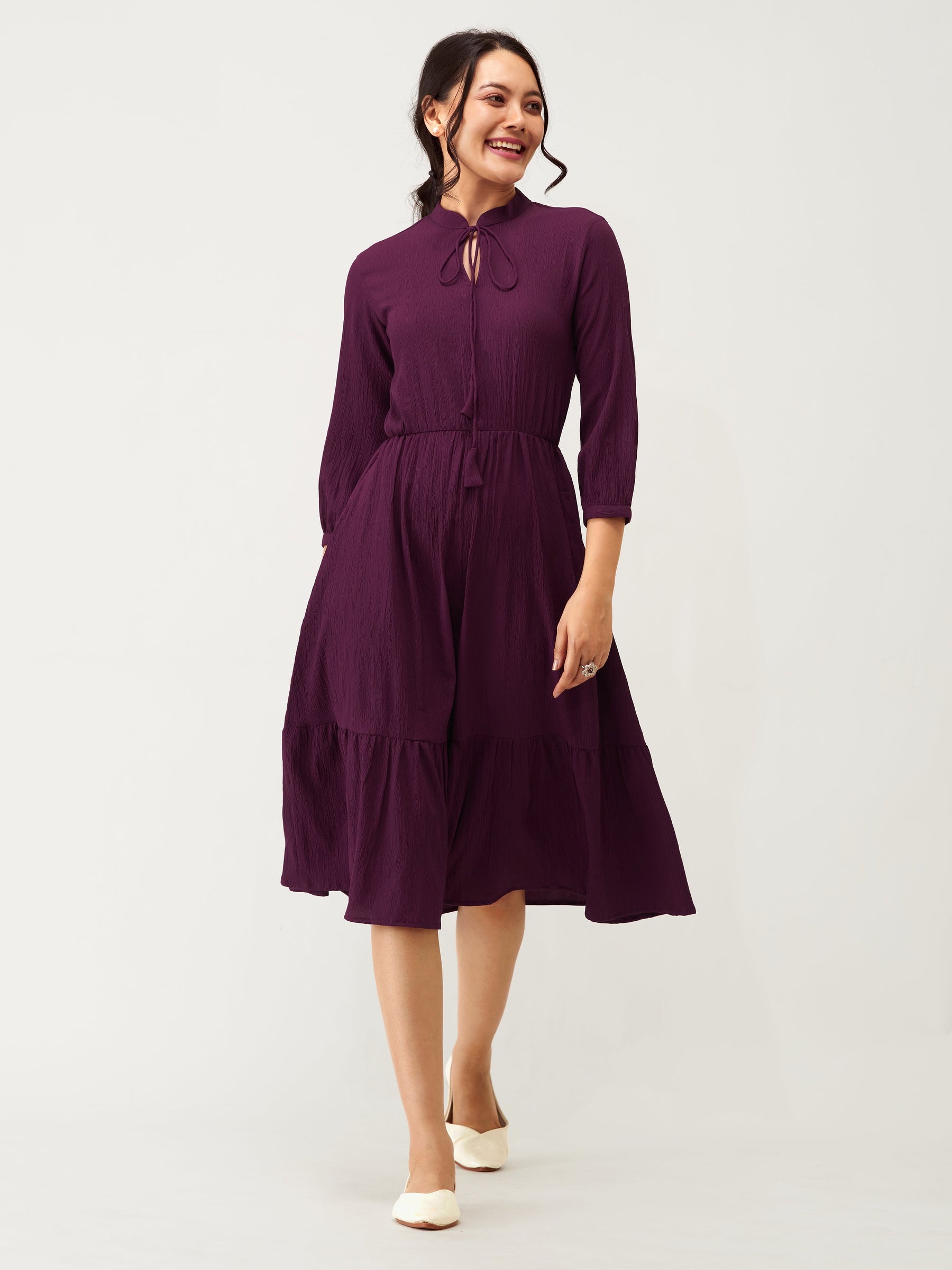 Tie Up Neck Crepe Fit Flare Dress